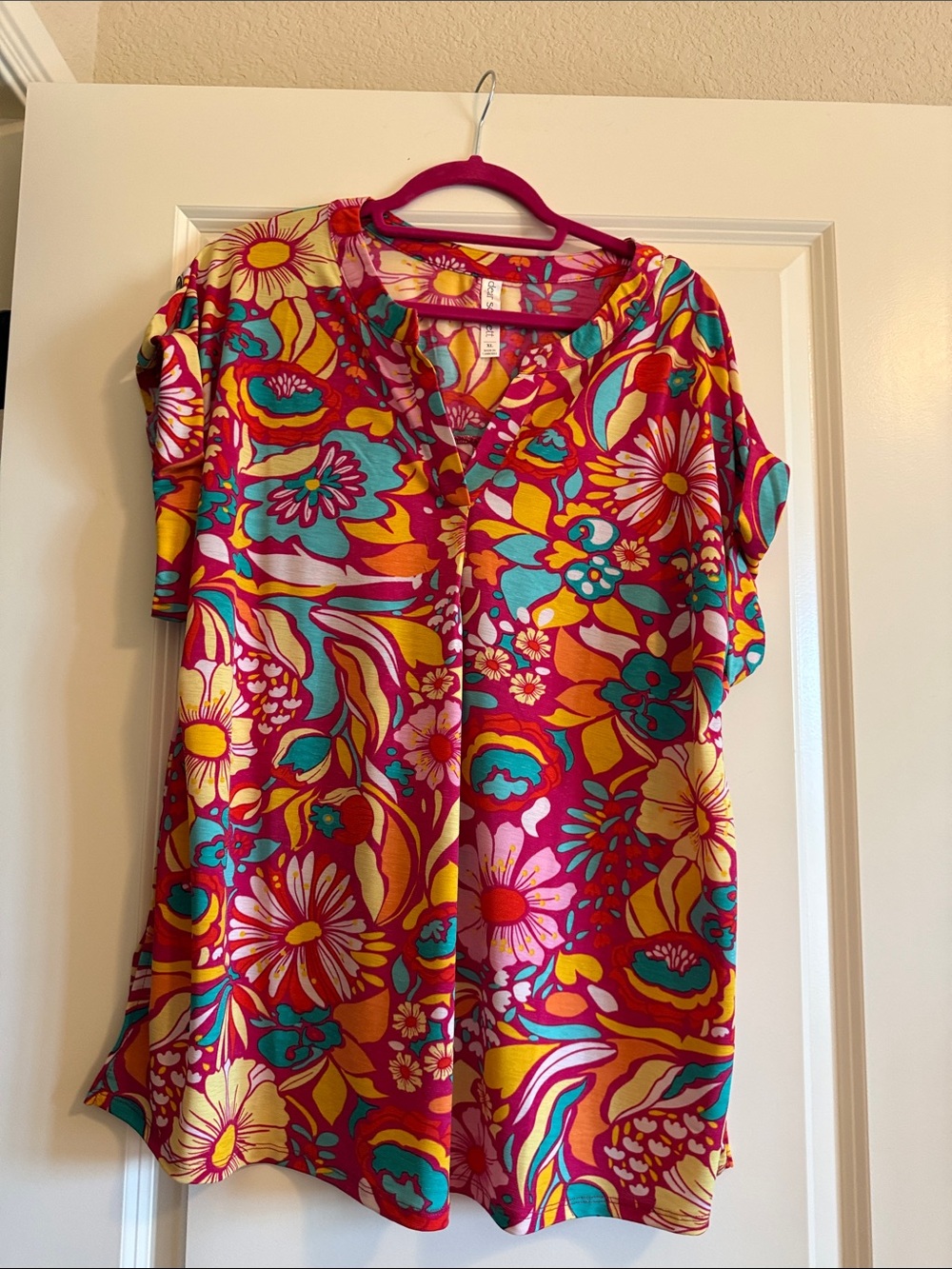 Dear Scarlett Vibrant Pink Multi Floral V-Neck Blouse